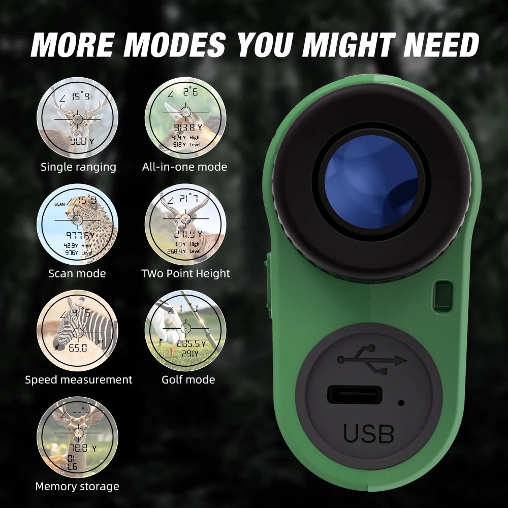 REVASRI 1000M rangefinder in a green body with blue lens, USB port, and mode icons for hunting and golf.