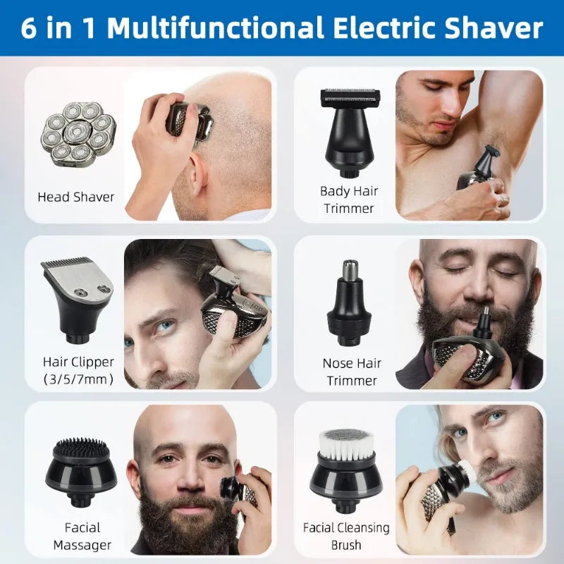 6-in-1 electric shaver with six attachments: head shaver, body trimmer, hair clipper, nose trimmer, facial massager, cleansing brush