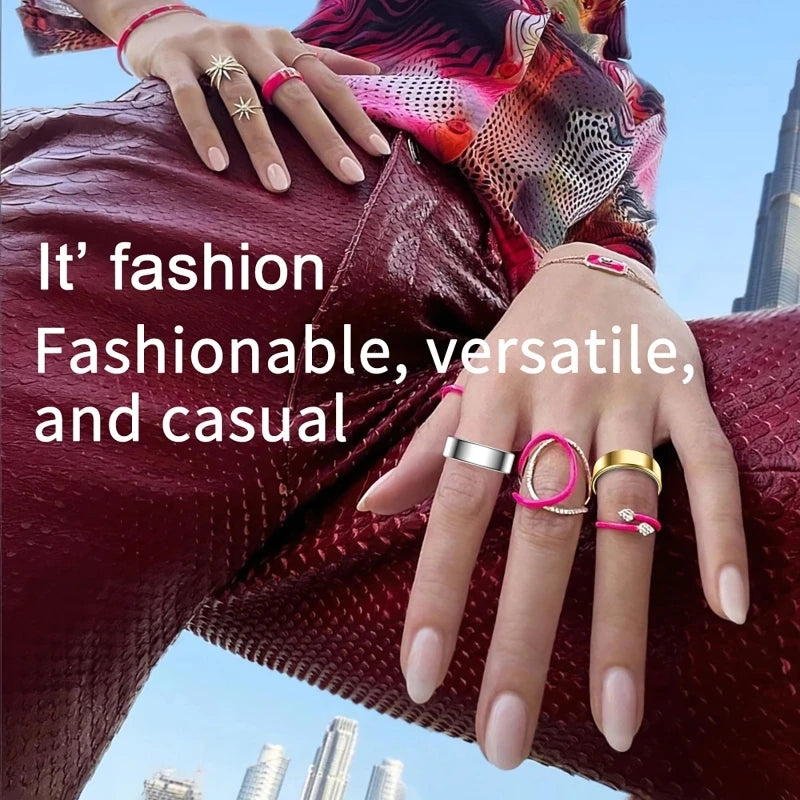 Smart ring R09 health monitor by S And B Enterprise; pink and silver fashion rings on hands, multiple rings visible.
