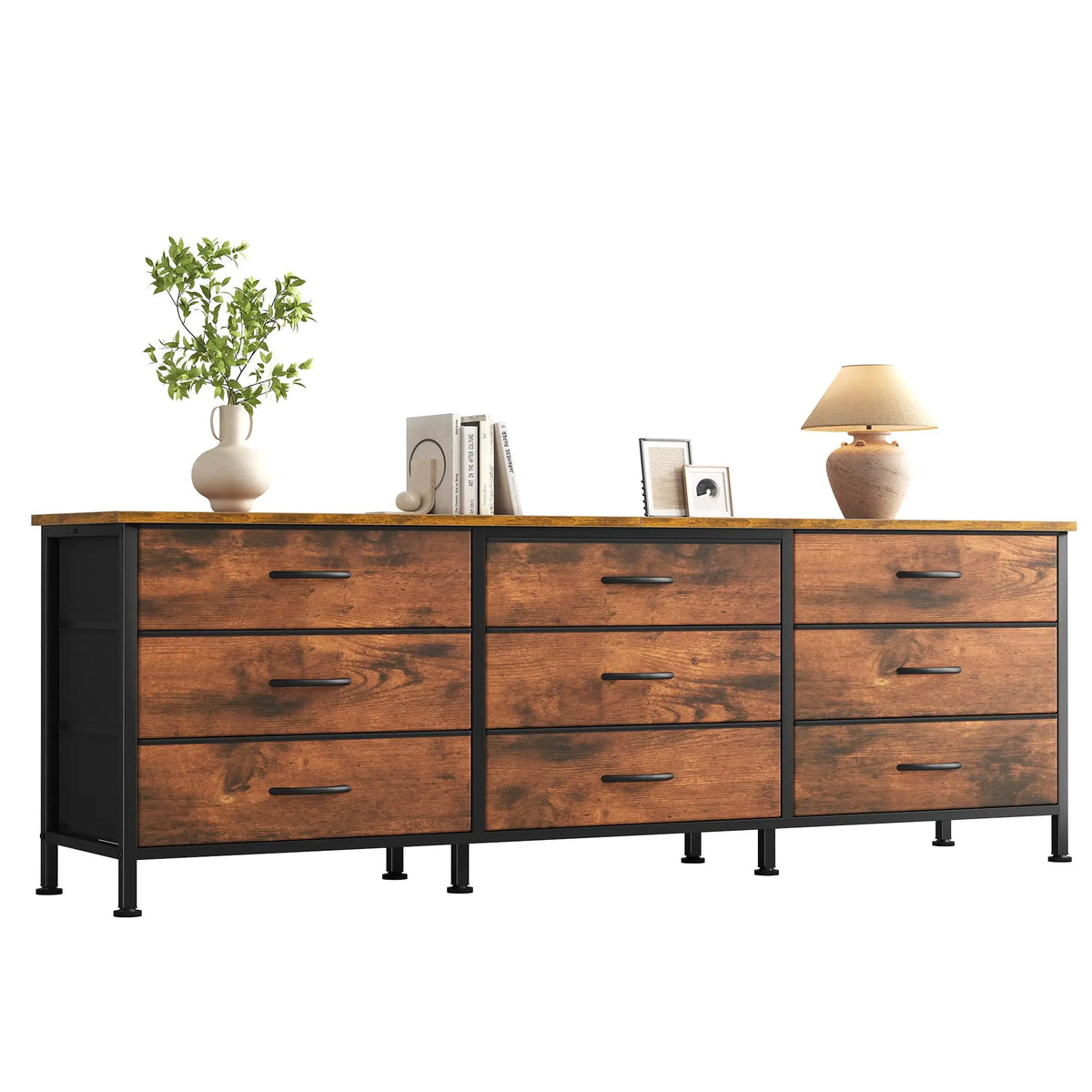JHK long living room cabinet with nine fabric drawers, black metal frame, warm wood finish, with vase and lamp