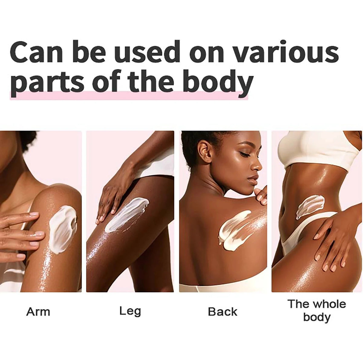 AILKE Vegan Brightening Body Lotion with AHA and Niacinamide; four-panel collage shows arm, leg, back and whole body.