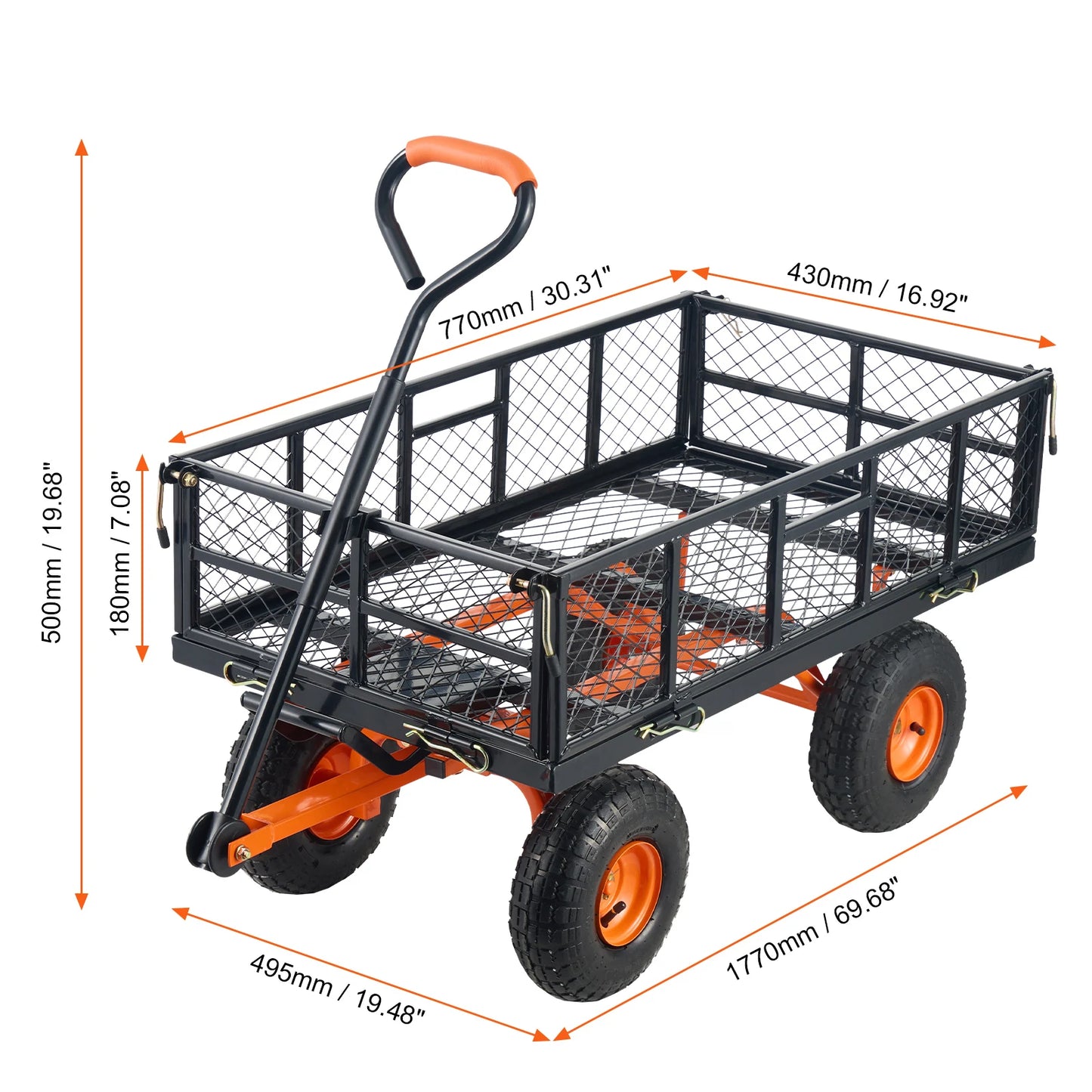 SucceBuy garden cart, sturdy metal utility wagon with four orange wheels and mesh sides