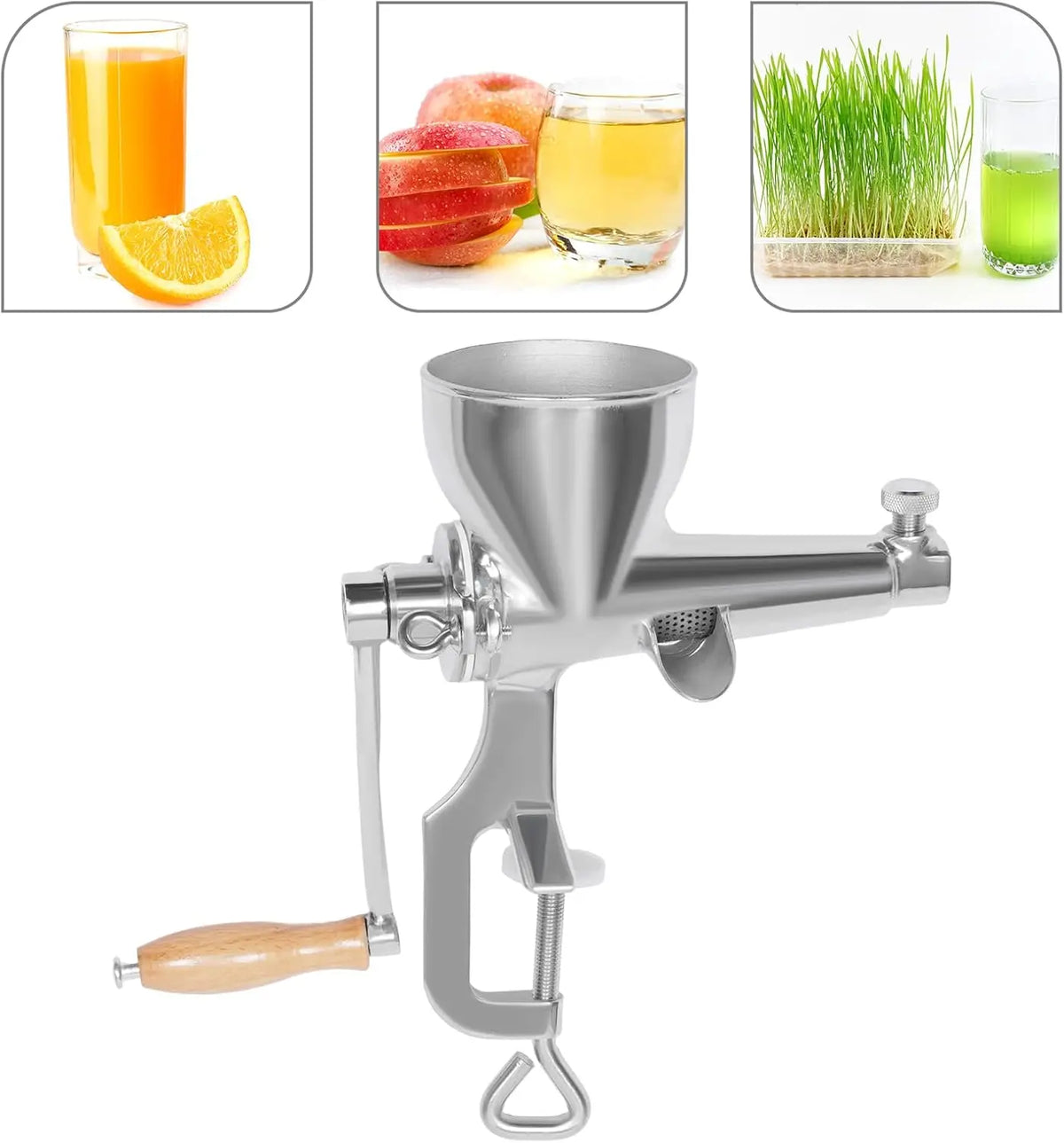 Manual wheatgrass juicer in stainless steel with wooden handle; hand-cranked juice extractor