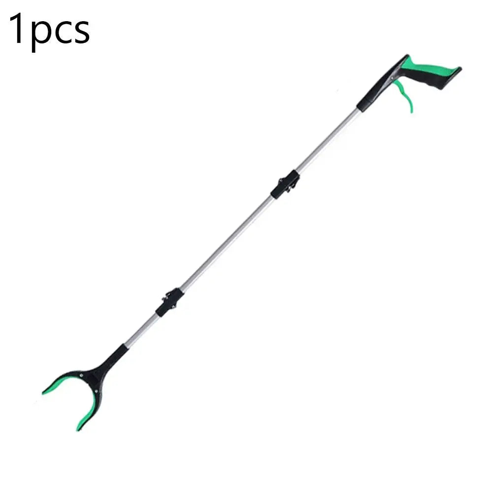 Flexible folding grabber tool with green jaws and aluminum shaft