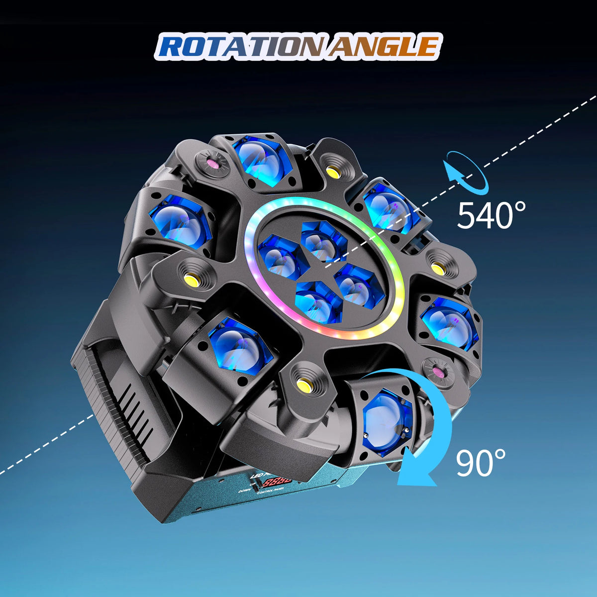 Fieryzeal 150W 6-Arm RGBW beam moving head light in black with strip effect