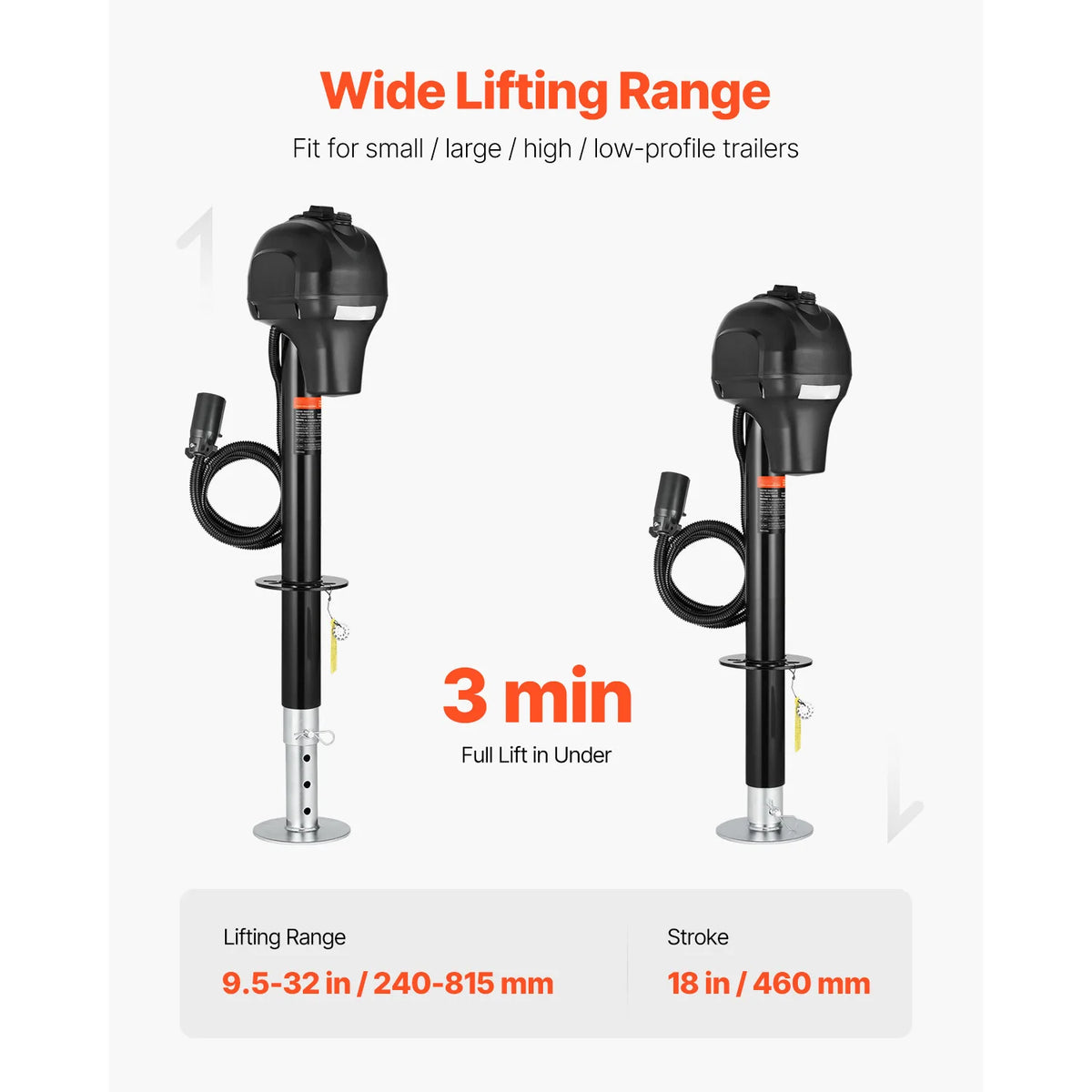 Two SucceBuy 12V electric trailer jacks with crank handle and 3500/5000 lb lift
