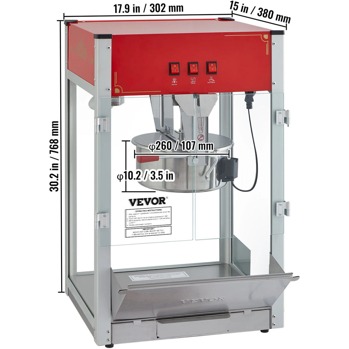 VEVOR 8/12oz electric popcorn maker with red front panel, stainless steel frame, popper bowl and scoop