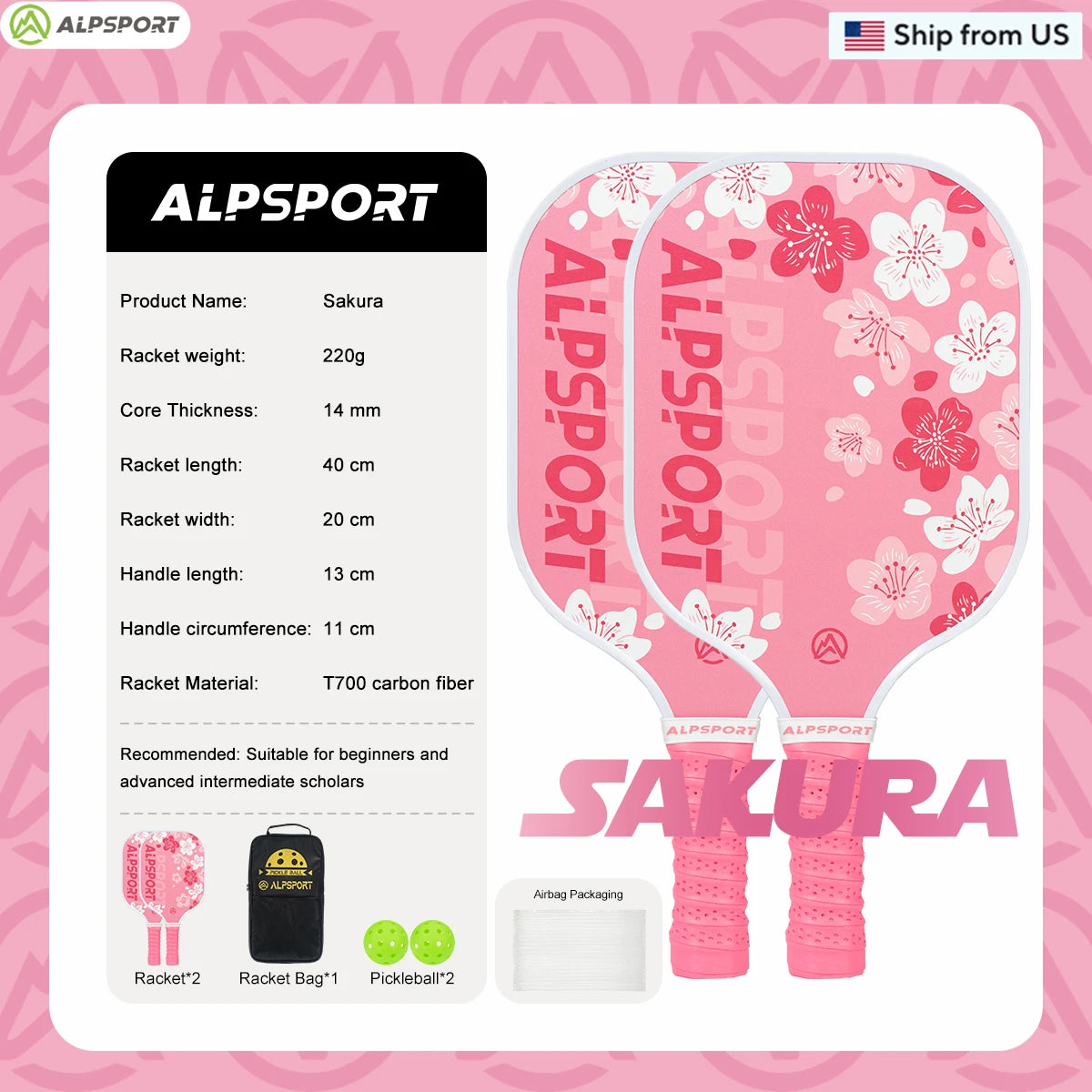 ALPSPORT Sakura USAPA Pickleball Paddle T700 Pro Training Set With 2 Free Balls
