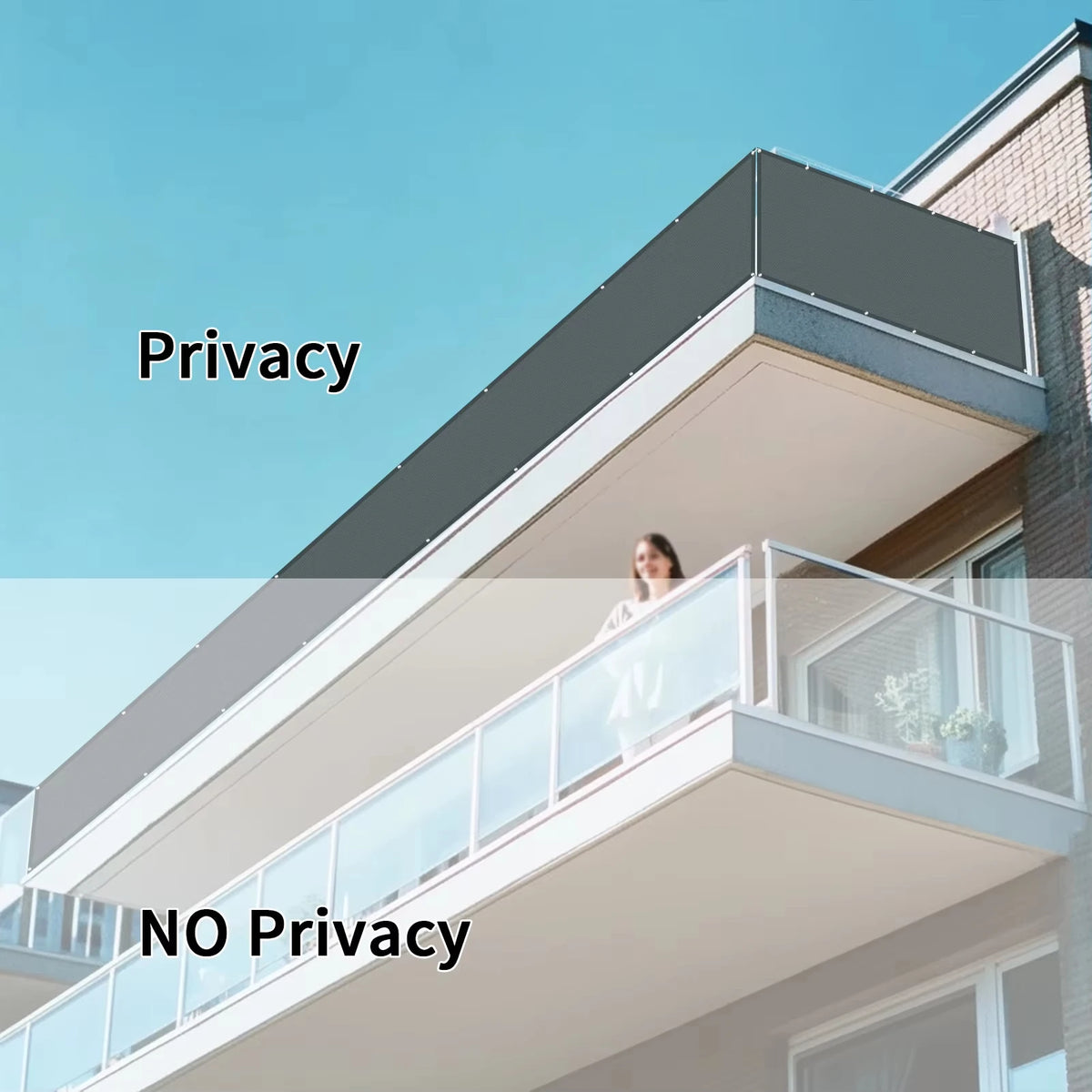 Heavy-duty privacy screen panel for balcony fence; dark grey mesh with grommets for UV outdoor use