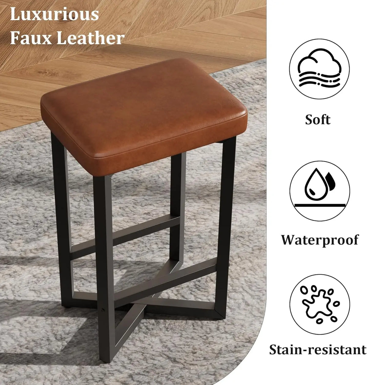 Backless bar stool with brown PU leather upholstery and black metal X-frame with footrest.