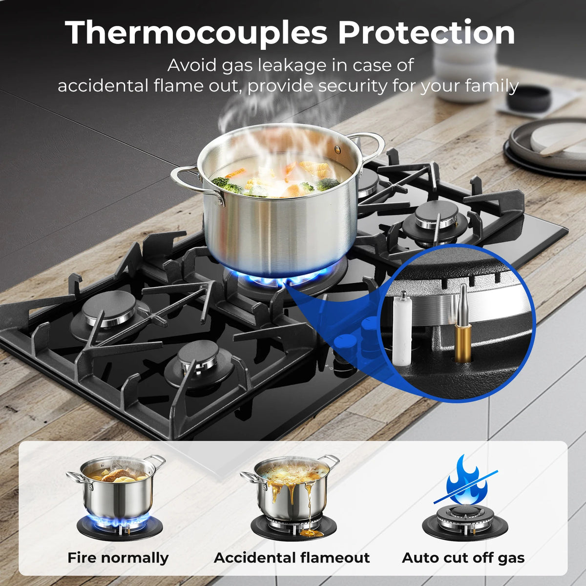 Tieasy Five-Burner Gas Cooktop Built-In NG LPG Thermocouple Protection by S And B Enterprise