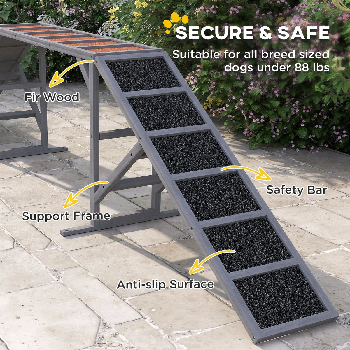Dog agility ramp with safety bar, gray fir wood frame and anti-slip surface
