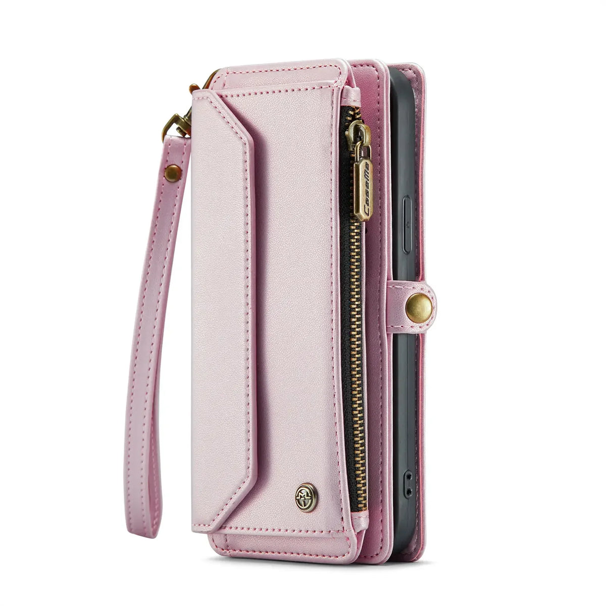 Pink crossbody wallet case for iPhone with RFID blocking, 7-card holder and zipper pocket by S And B Enterprise