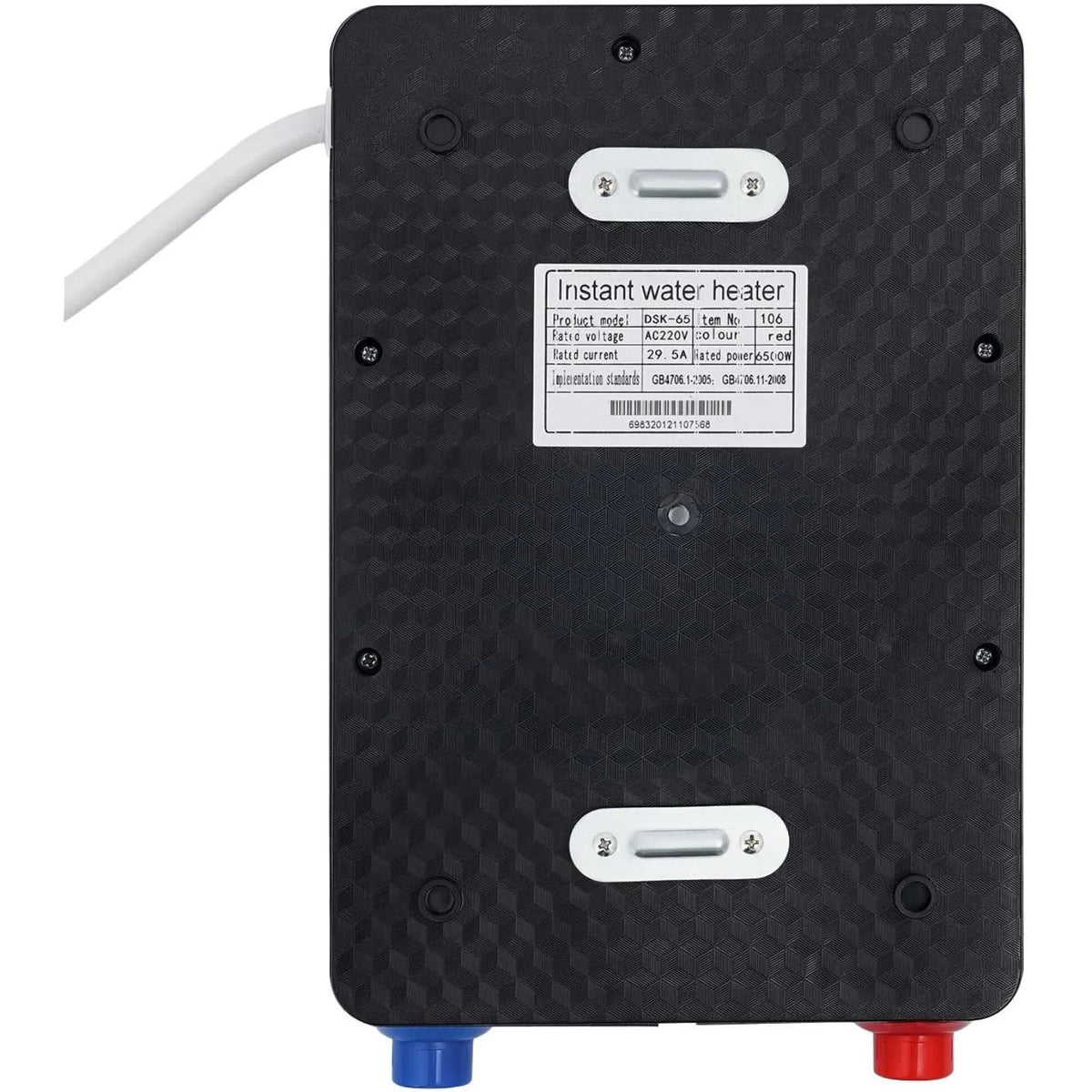 6500W tankless water heater, wall-mounted; black unit with red hot-water and blue cold-water inlet pipes.