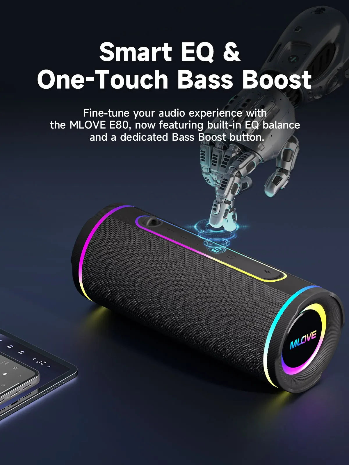 MLOVE E80 portable Bluetooth speaker with colorful RGB lighting