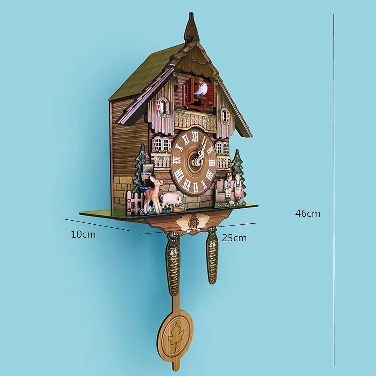 Wooden cuckoo wall clock in chalet style with Roman numerals, bird window and pendulum, by S And B Enterprise CL-301