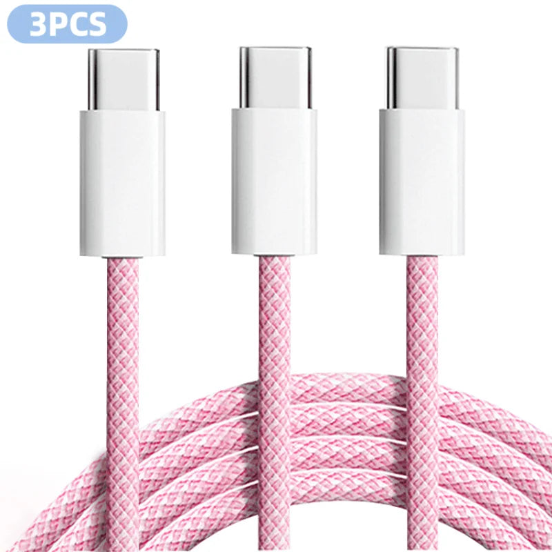 3-pack pink nylon braided USB-C charging cables, 6ft, 60W, by S And B Enterprise
