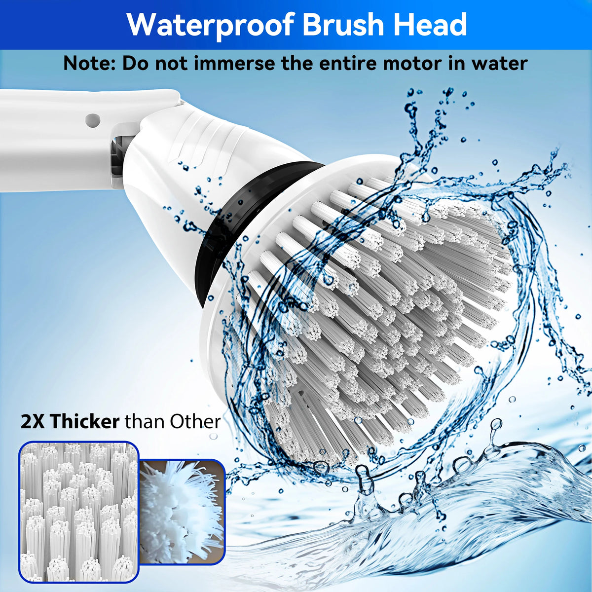 450RPM cordless electric spin scrubber with 5 replaceable brushes and adjustable extension handle.
