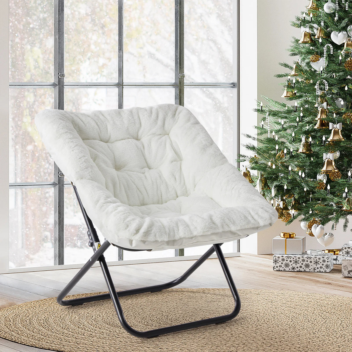 JHK Cozy Saucer Chair Soft Faux Fur Folding Lounge Chair Padded Metal Frame by S And B Enterprise