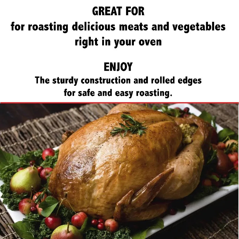 Super King aluminum extra-deep oval roaster pan; roasted turkey served on a platter with herbs.