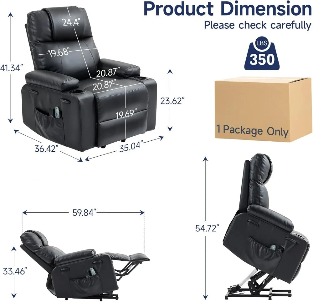 Power lift recliner chair in black PU leather with massage, heat, 160° recline, USB port and remote.