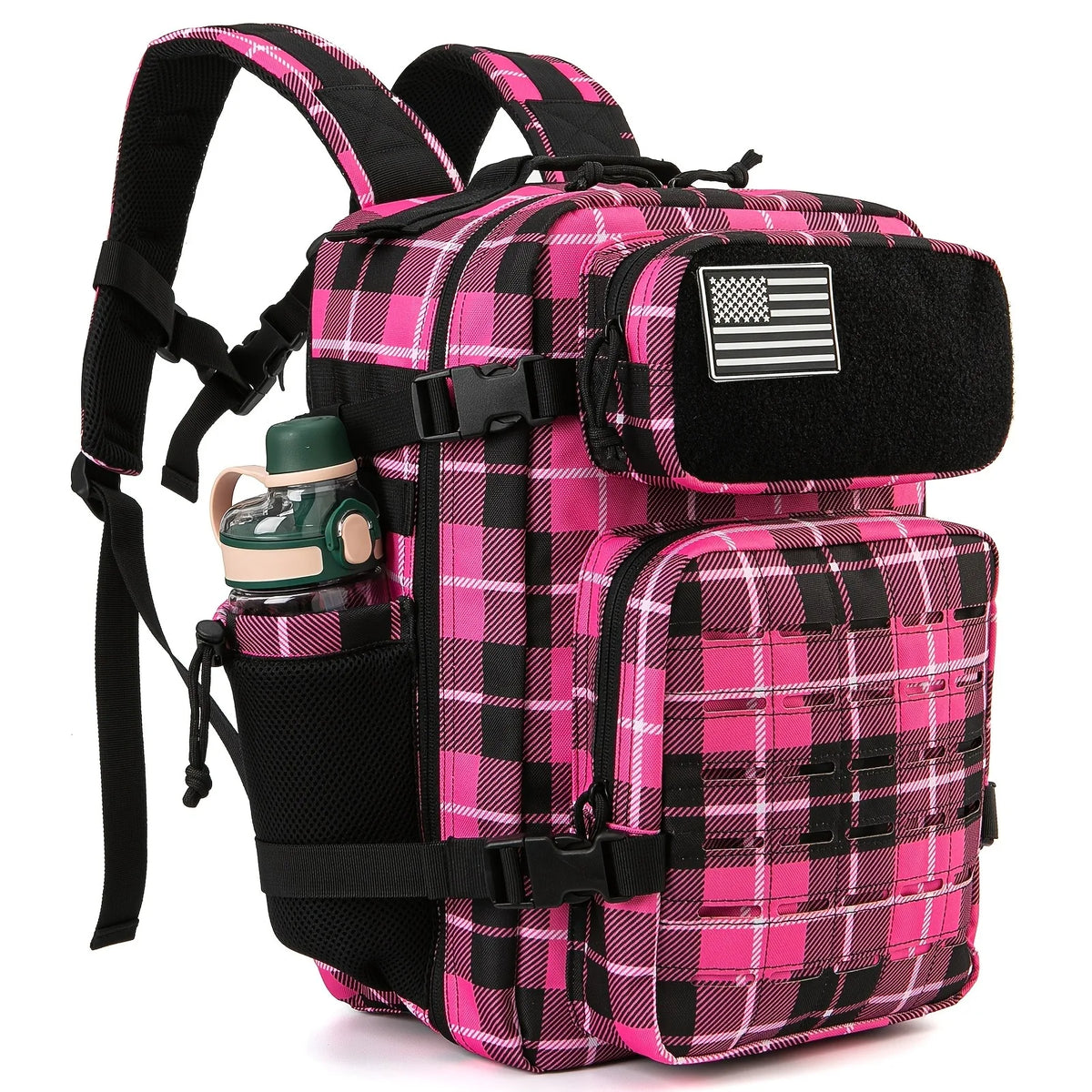 25L tactical backpack pink plaid by S And B Enterprise for hiking and travel.