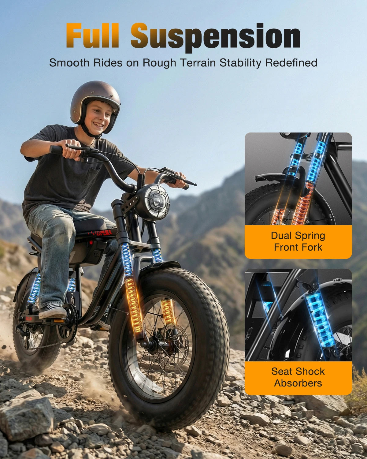 Hopepeak D10 electric mountain bike with full suspension and fat tires, black frame, rider in helmet on rocky trail.