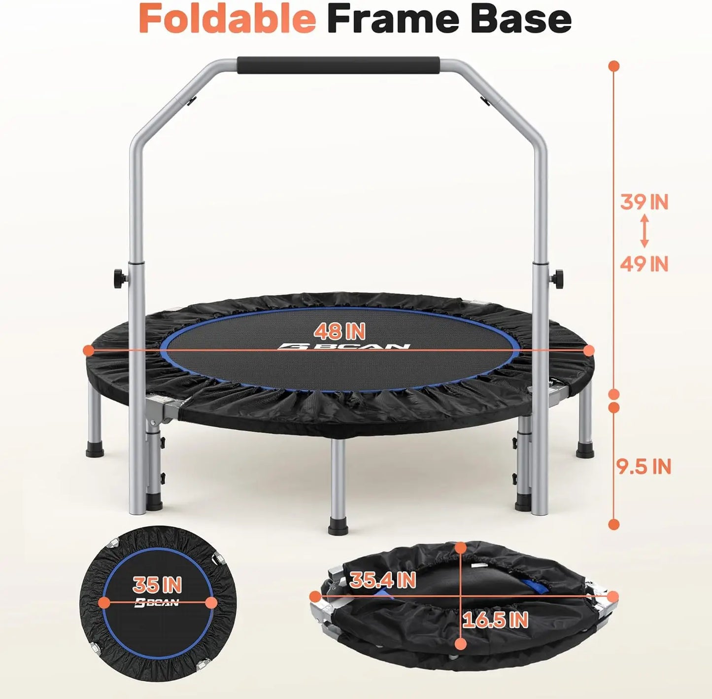 40/48ā Foldable Mini Trampoline with Adjustable Foam Handle Fitness Rebounder for Adults Max Load 440 Lbs Exercise Trampoline by S And B Enterprise