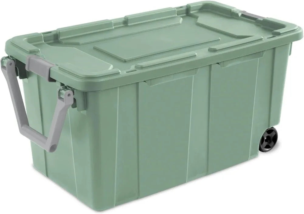 40-Gallon wheeled storage tote, sage green plastic bin with lid and wheels