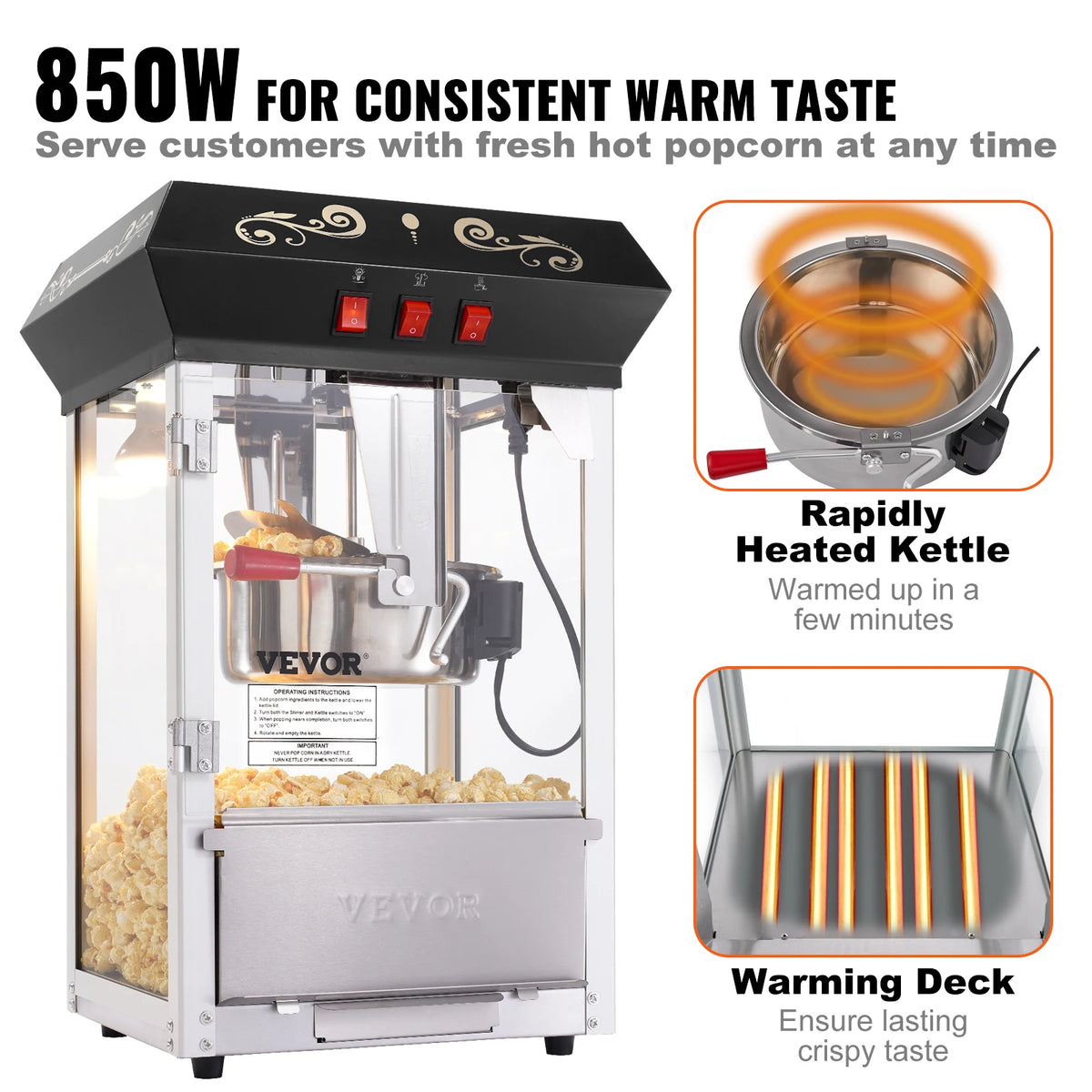 VEVOR countertop popcorn popper with 8 oz kettle on warming deck; black top, red switches