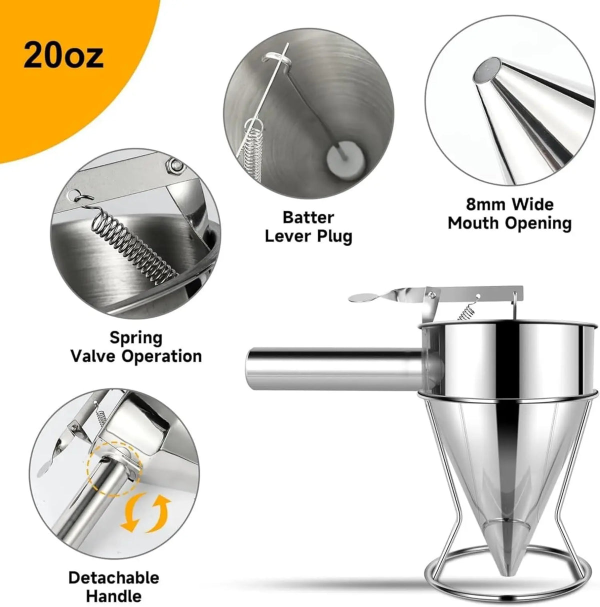 Pancake batter dispenser with 4 nozzles, stainless steel with stand, 20oz capacity.