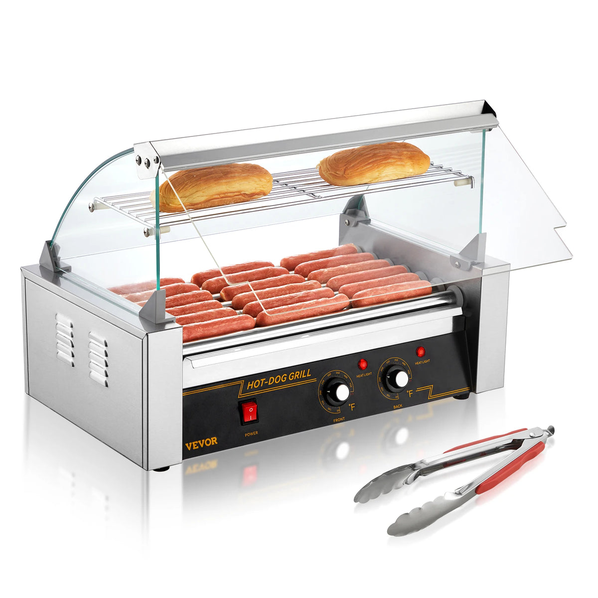VEVOR commercial hot dog roller grill with glass sneeze guard, stainless-steel body, dual rollers, 110V