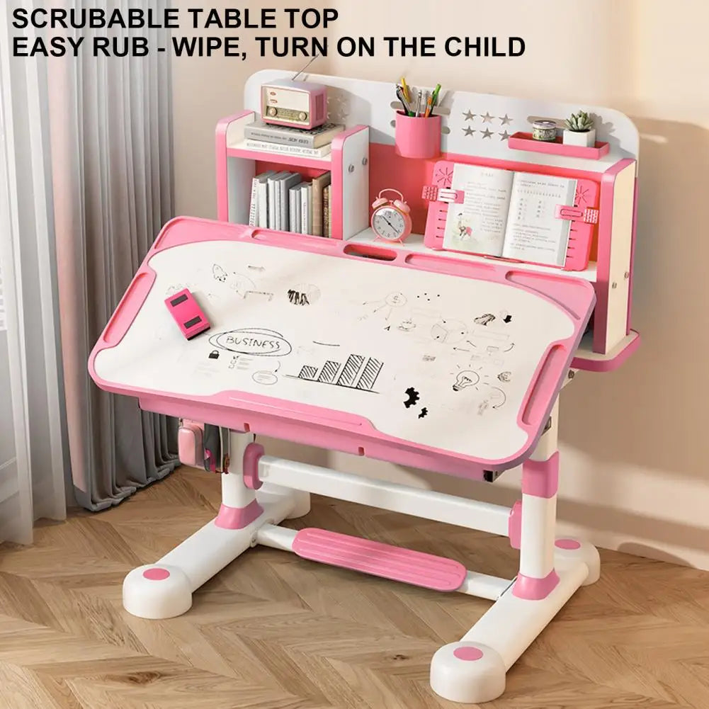 2-piece kids study desk chair set by S And B Enterprise, pink and white, height adjustable with book stand