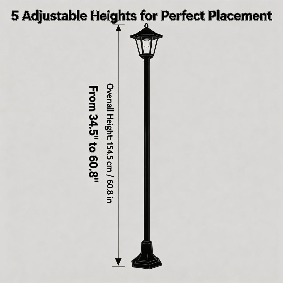 Black solar post light lantern for outdoor garden and walkway; adjustable in five heights.