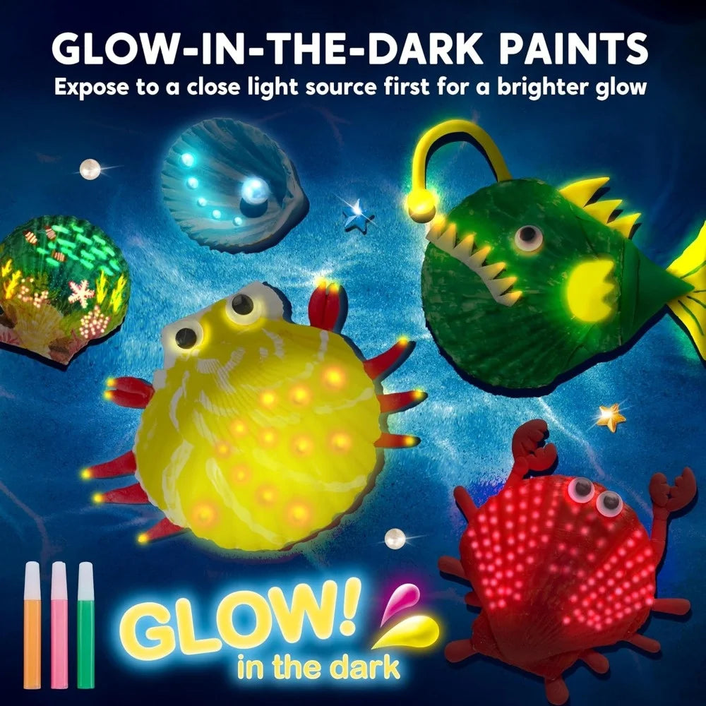 JOYFY 12pcs kids sea shell painting kit with glow-in-the-dark paints.