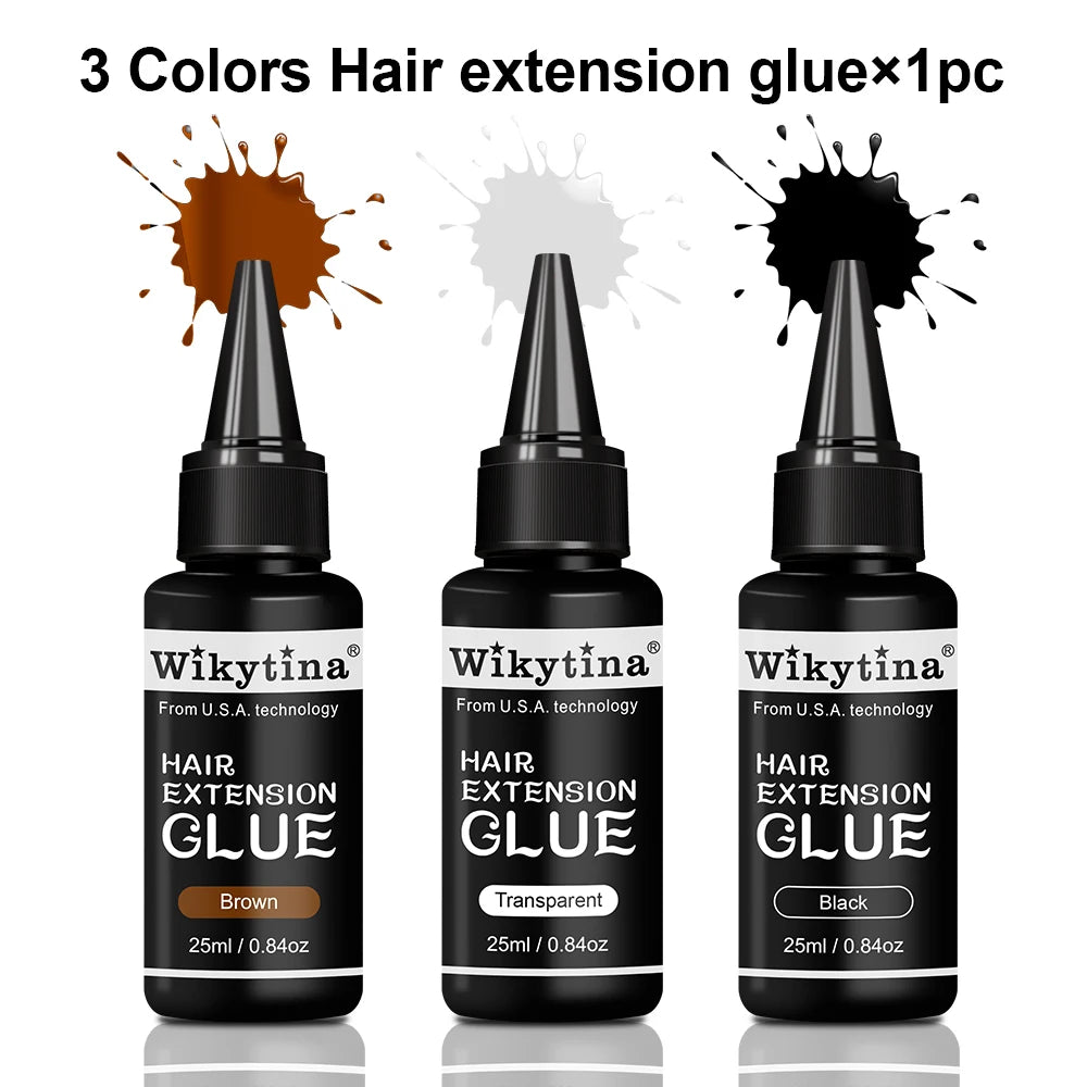 Wikytina hair extension glue set: 3 bottles in Brown, Transparent and Black (25ml each)