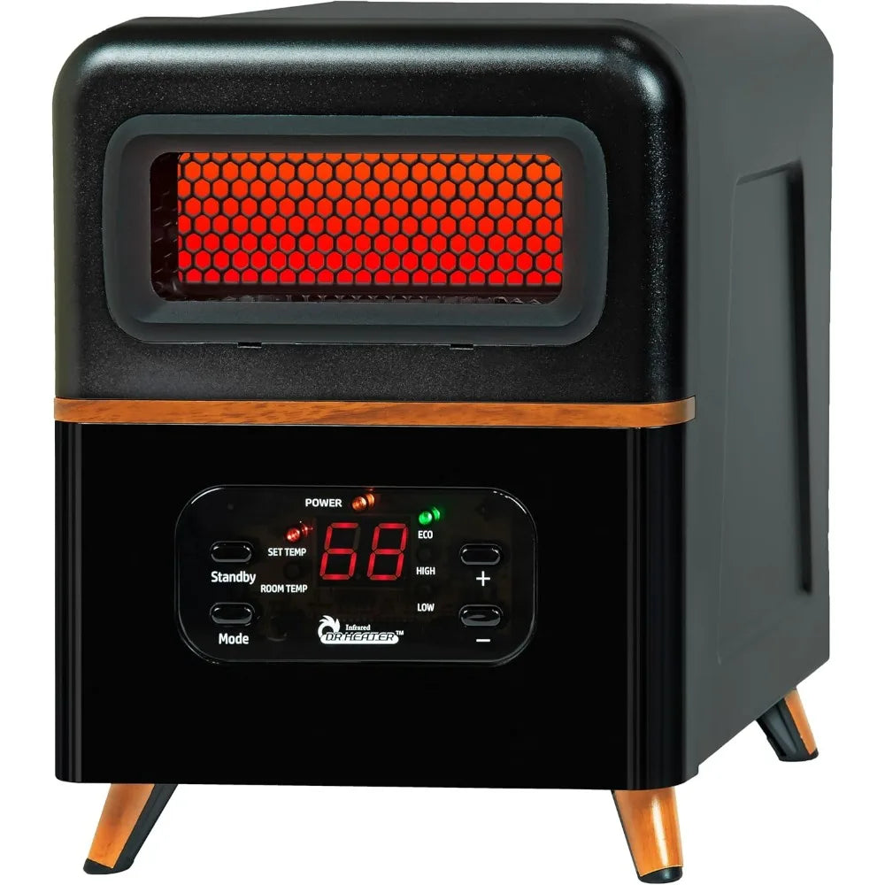 Dr Infrared Heater DR-978 portable infrared space heater; black with wood-tone legs and digital display