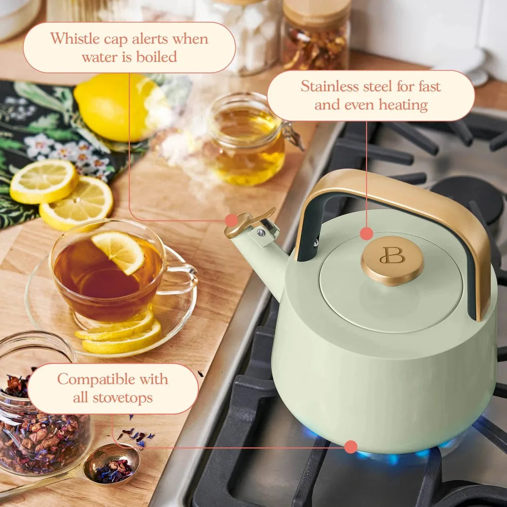 Tea kettle, 1.8L sage green ceramic non-stick, by Drew Barrymore