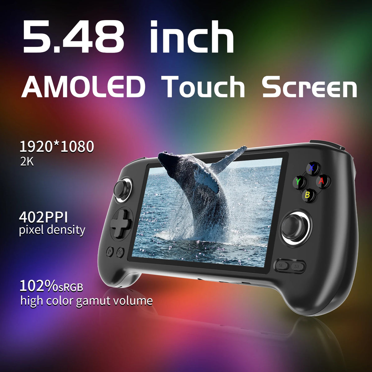 ANBERNIC RG556 handheld game console with 5.48-inch AMOLED touchscreen, black.