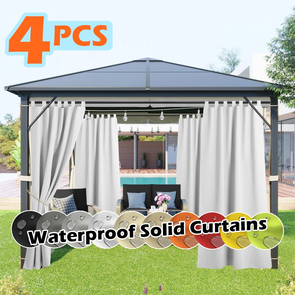 S And B Enterprise 4-panel outdoor curtains, waterproof UV-resistant tab-top for gazebo, porch or cabana, light gray