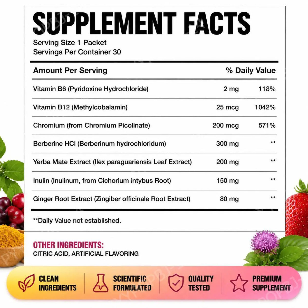 Berberine HCl and Yerba Mate drink mix sticks with chromium and vitamins B6/B12, S And B Enterprise, 30 sticks