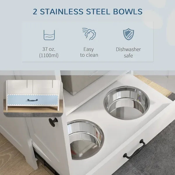 Pet Feeding Station For Medium Dogs With Storage And Raised Bowls