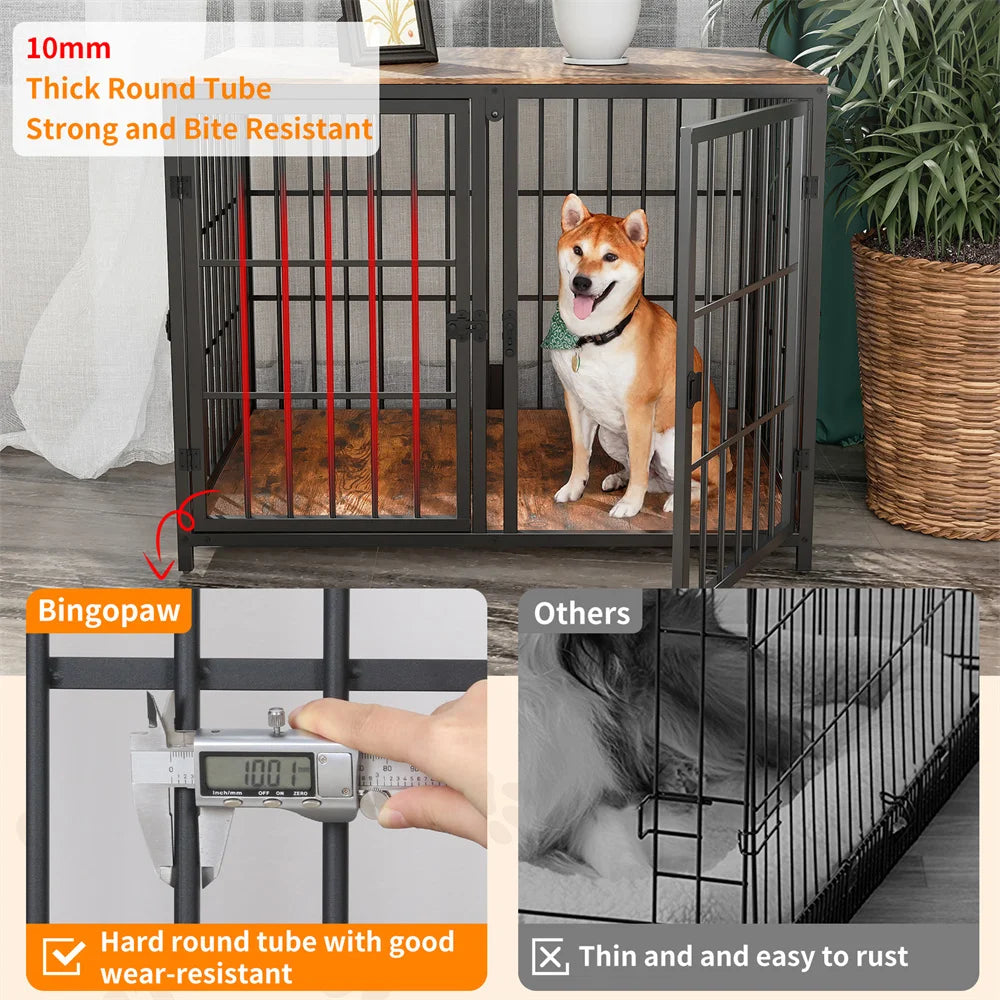 Bingopaw black metal dog crate with four doors and removable divider; rugged 10mm thick round-tube construction.