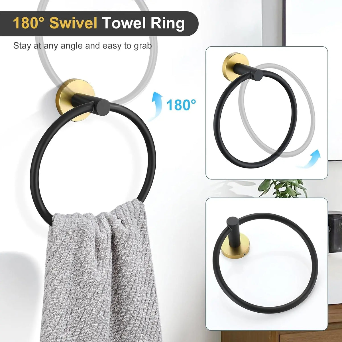 Towel ring, black with gold wall mount, 180° swivel, stainless steel bathroom hardware by S And B Enterprise