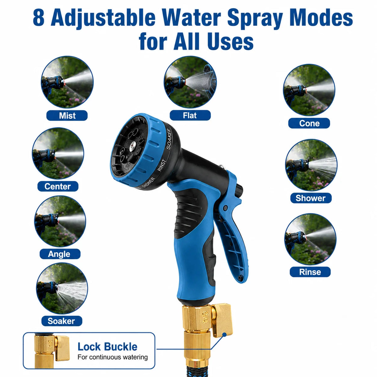 Expandable retractable garden hose nozzle with 8 spray modes, blue/black with brass fittings by S And B Enterprise