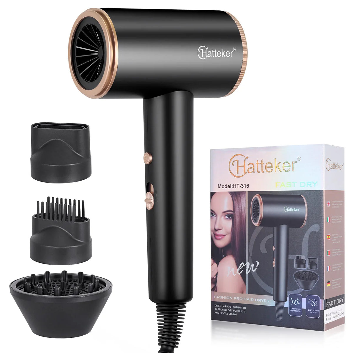 Hatteker hair dryer with rose-gold trim and black body; includes diffuser and comb attachments plus box