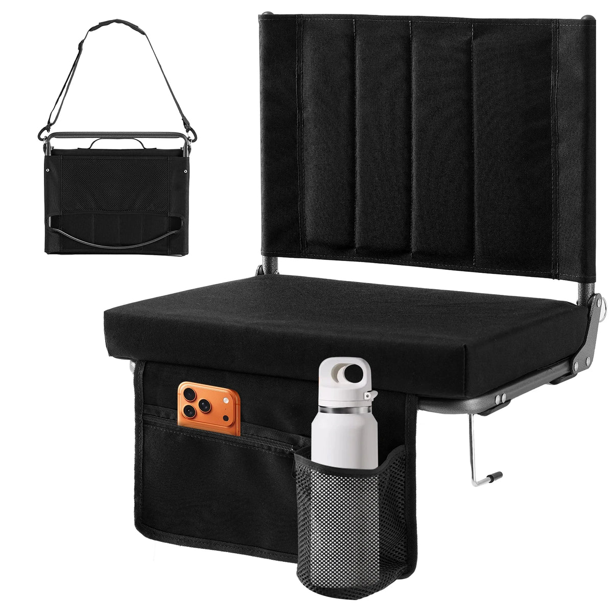 JHK outdoor foldable chair with back support, black padded 3.15-in seat, portable with shoulder strap