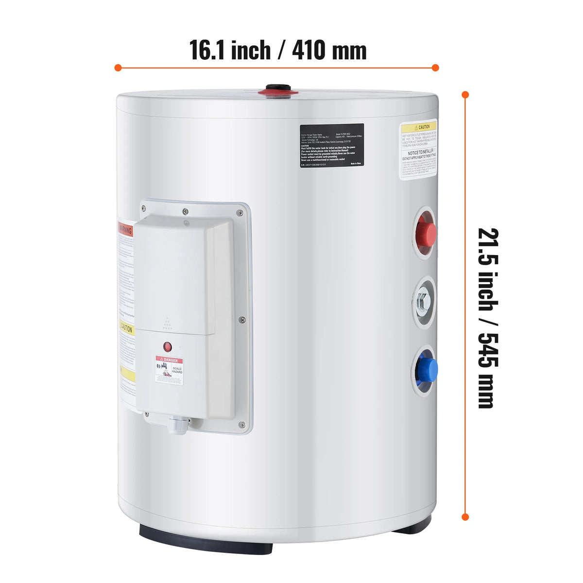 SucceBuy electric water heater, 40/70L tank, white/silver with red knob control and blue/red ports