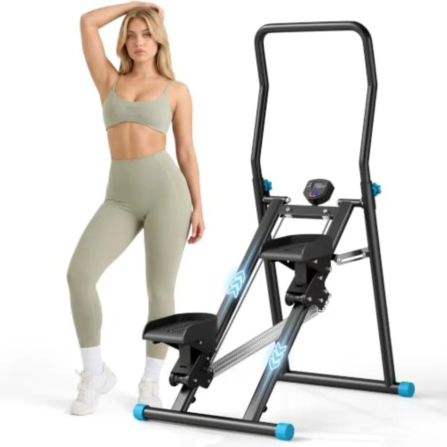 Home gym stair stepper by S And B Enterprise with adjustable resistance, folding vertical climber, black steel frame