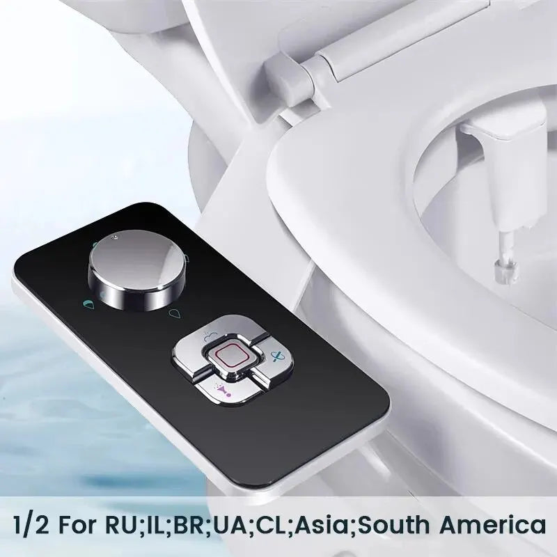 SAMODRA bidet attachment control panel on a toilet seat; black panel with chrome dial and square buttons